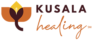 Kusala Healing logo in cocoa bean, tuscany, and saffron.