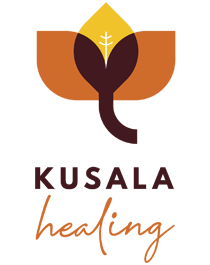 Kusala Healing logo in cocoa bean, tuscany, and saffron.