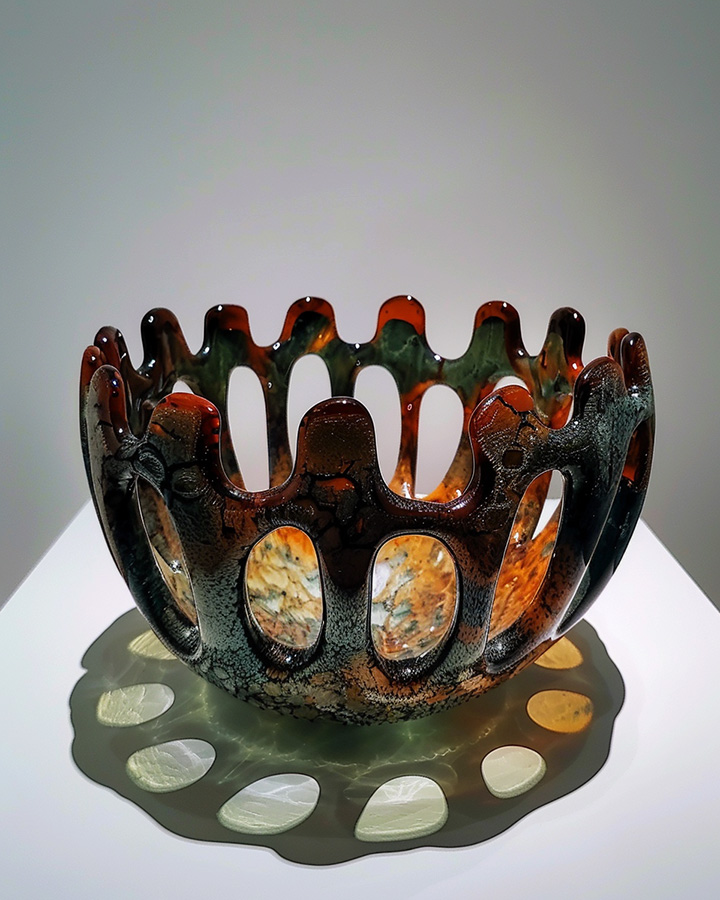 A ceremonial medicine bowl made from glass, blown and slumped, in a deep, ruby color.