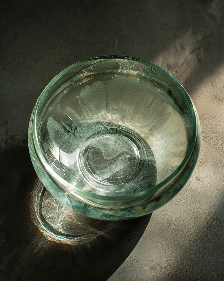 A clear divination bowl filled with still water.