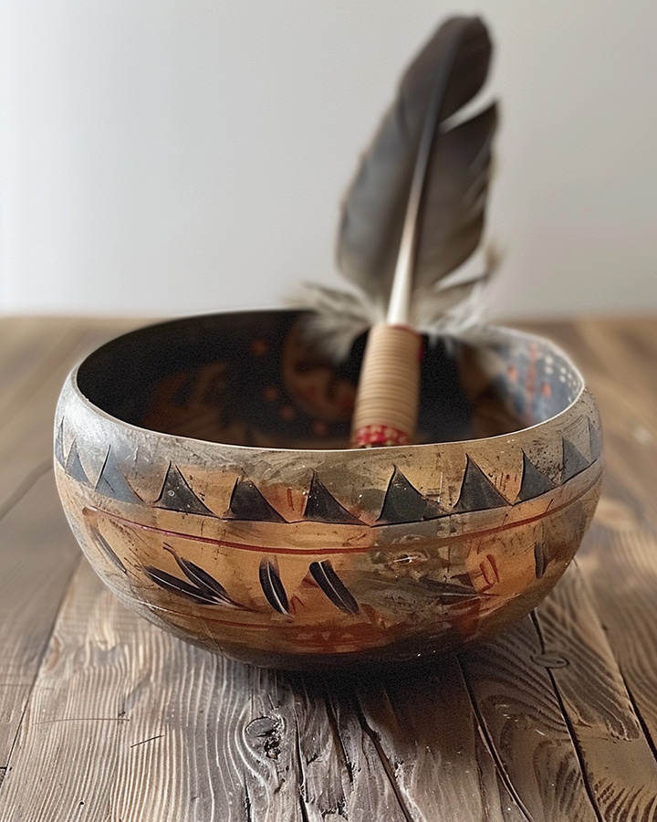 A wooden smudging bowl with feather.