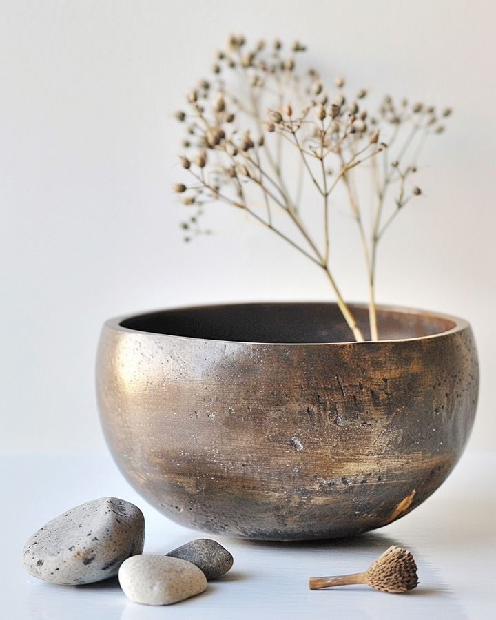 An wooden, indigenous medicine bowl adorned with dried plants, small stones, and is suitable for a home altar.