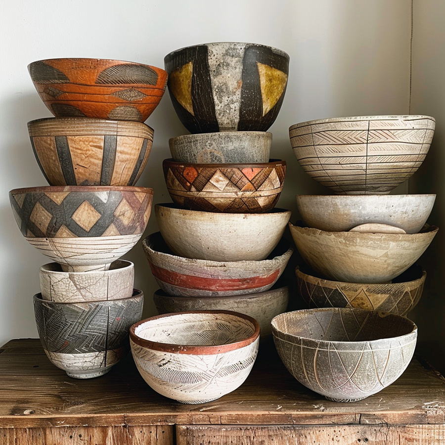 A collection of Nsibidi bowls stacked high in a bazarr.