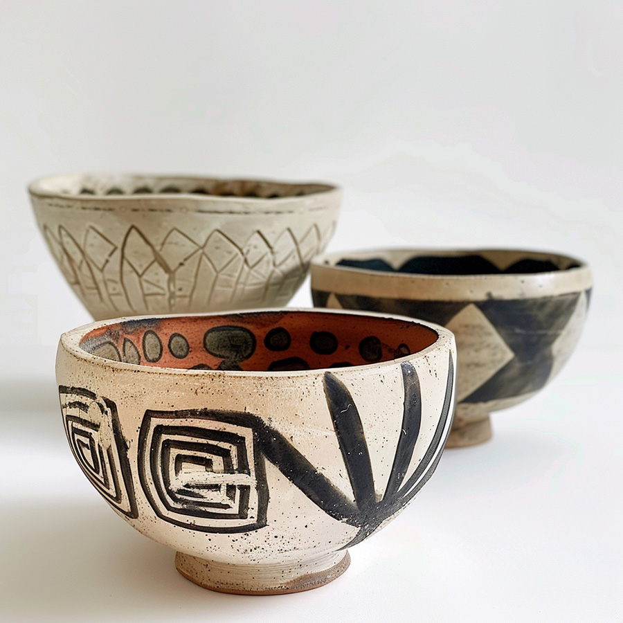 A collection of Nsibidi bowls from the Igbo culture.